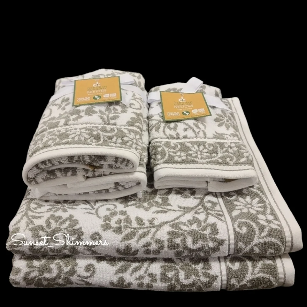 6pc Deborah Connolly Floral Scroll Damask Bath Hand Tip Towel Set Gray White NEW